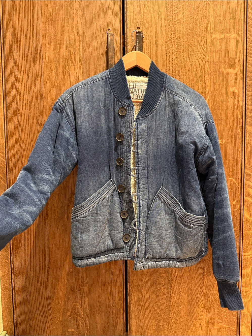 freecity Blue Denim Bomber Jacket with Sherpa Trim